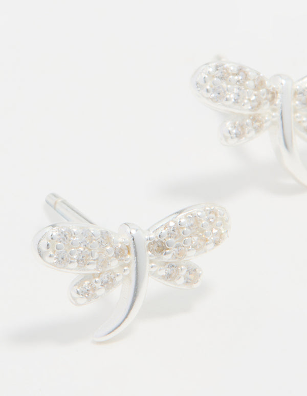 Sterling Silver Cubic Zirconia Dragonfly Stud Earrings