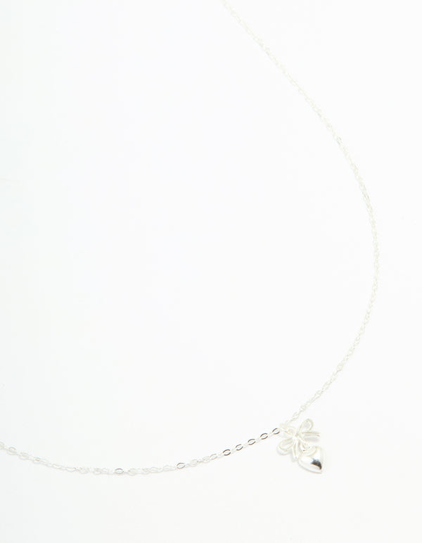 Sterling Silver Bow & Heart Drop Necklace