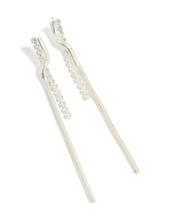 Silver Cubic Zirconia Snake Chain Drop Earrings