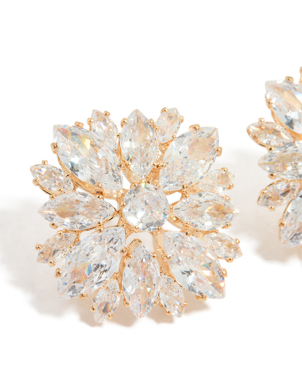 Gold Cubic Zirconia Statement Flower Stud Earrings