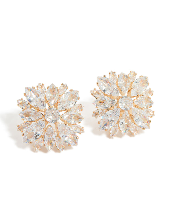 Gold Cubic Zirconia Statement Flower Stud Earrings