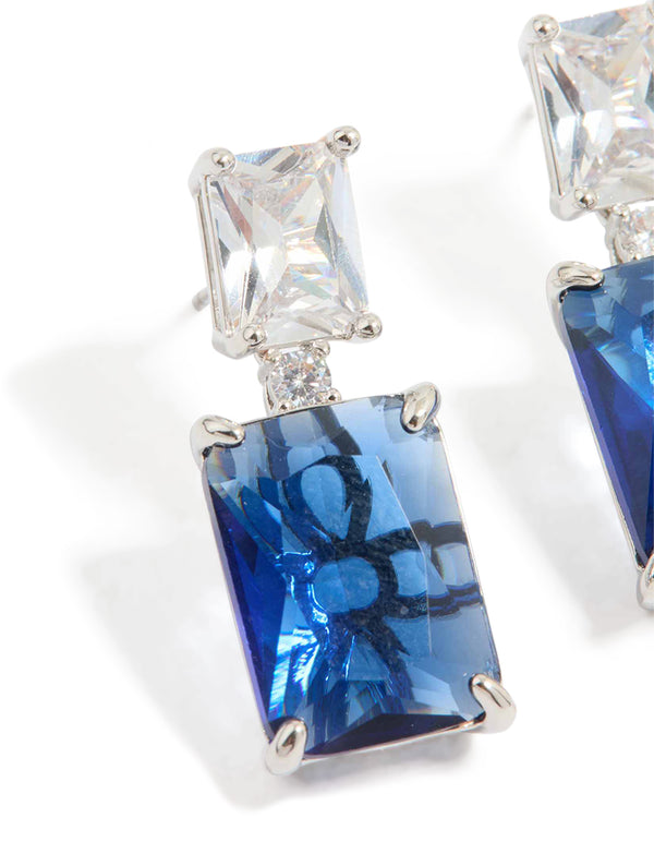 Silver Blue Cubic Zirconia Rectangle Stud Earrings