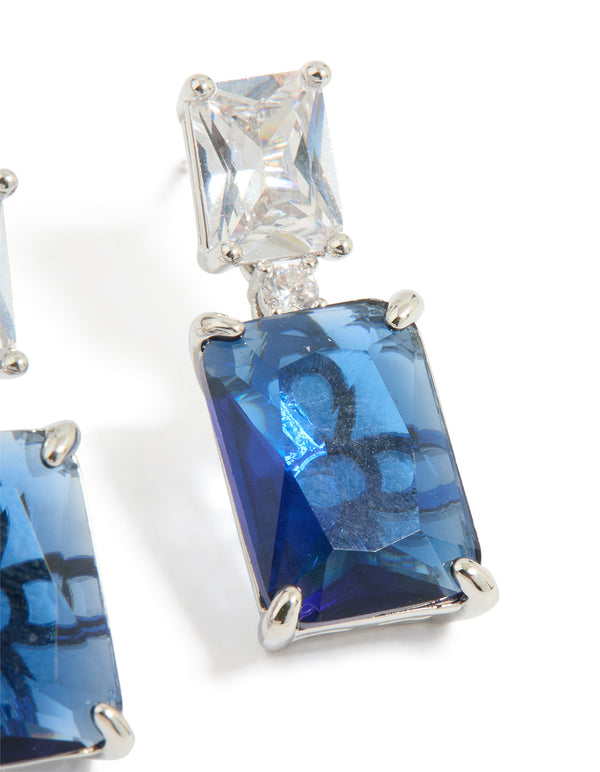 Silver Blue Cubic Zirconia Rectangle Stud Earrings