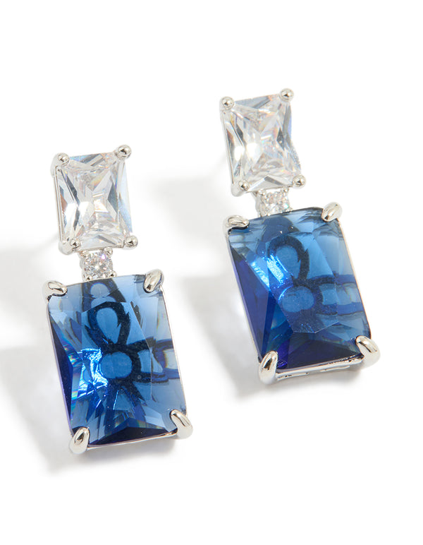 Silver Blue Cubic Zirconia Rectangle Stud Earrings