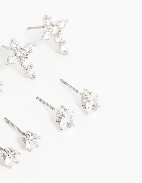 Silver Classic Cubic Zirconia Cross Stud Earrings 6-Pack