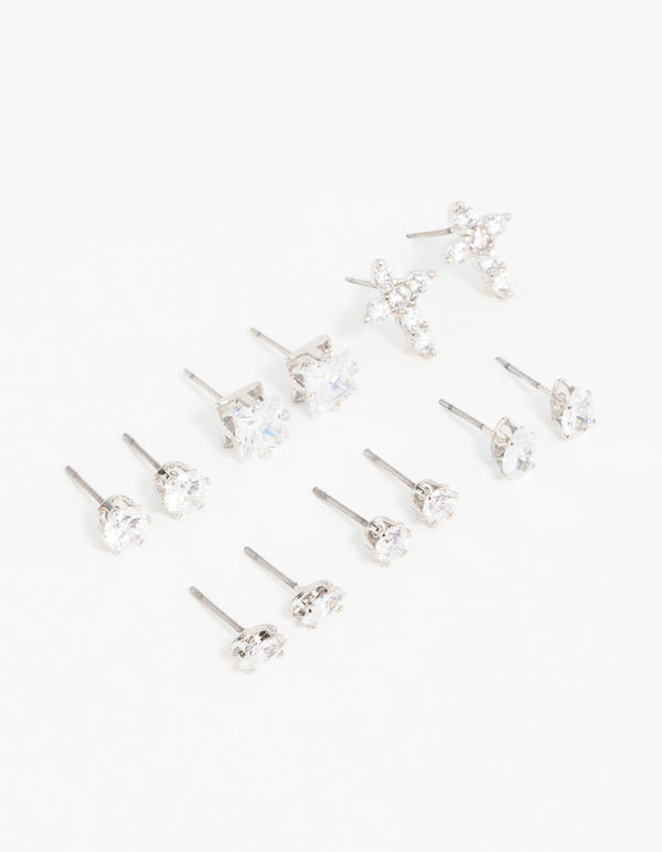 Silver Classic Cubic Zirconia Cross Stud Earrings 6-Pack
