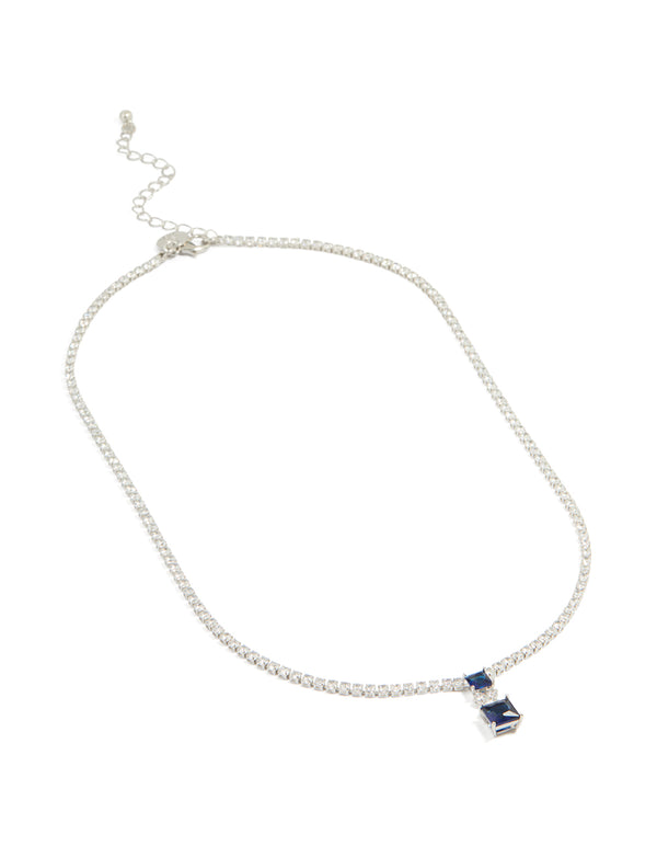 Silver Blue Cubic Zirconia Double Square Necklace