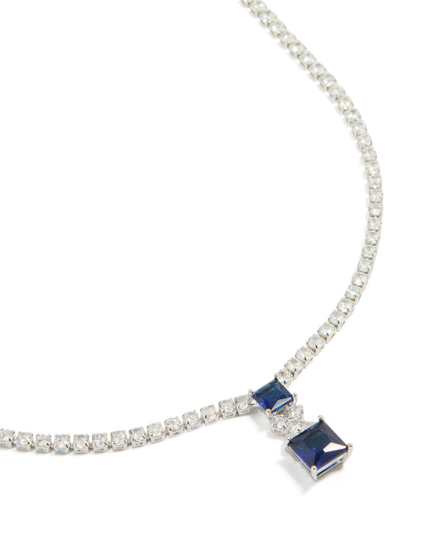 Silver Blue Cubic Zirconia Double Square Necklace