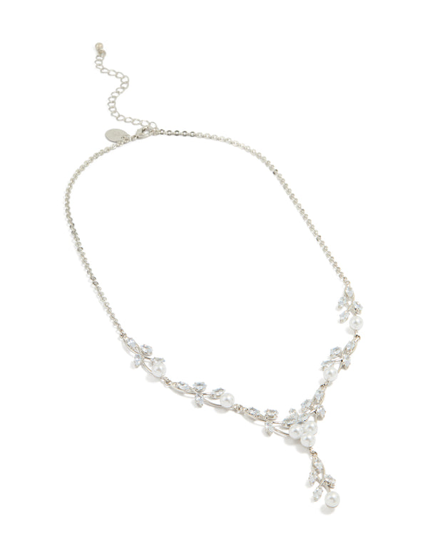 Silver Pearl Cubic Zirconia Y-Necklace
