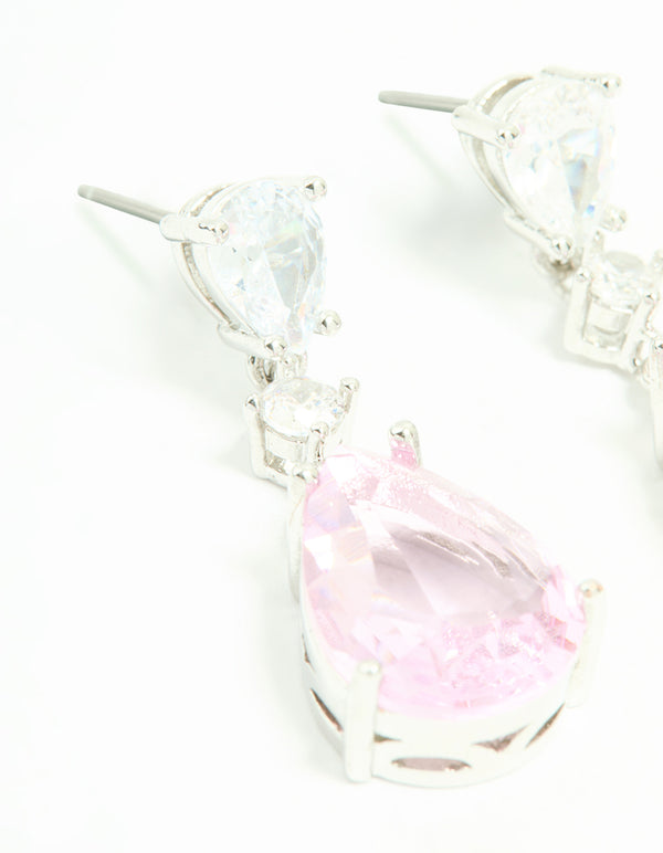 Silver Pink Cubic Zirconia Pear Drop Earrings
