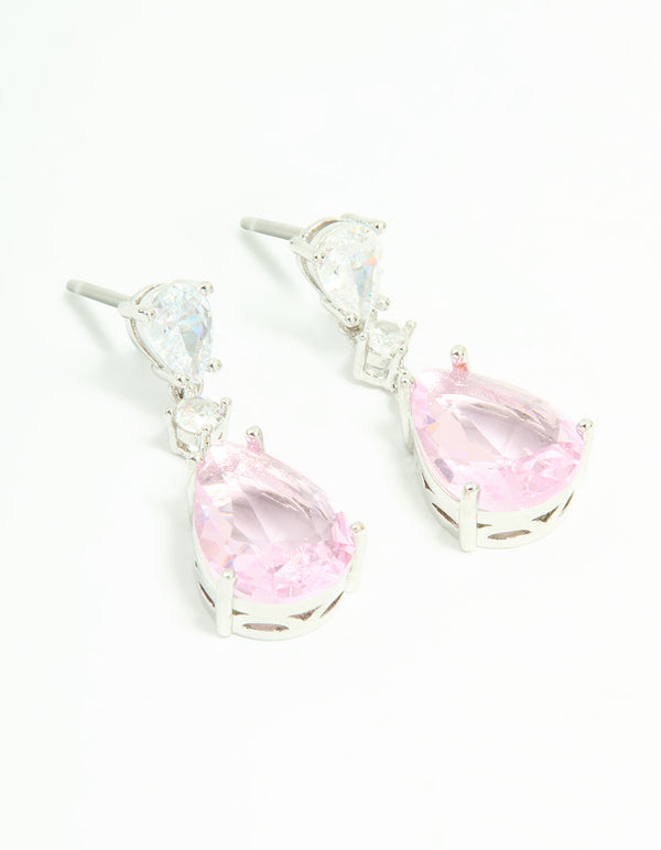Silver Pink Cubic Zirconia Pear Drop Earrings