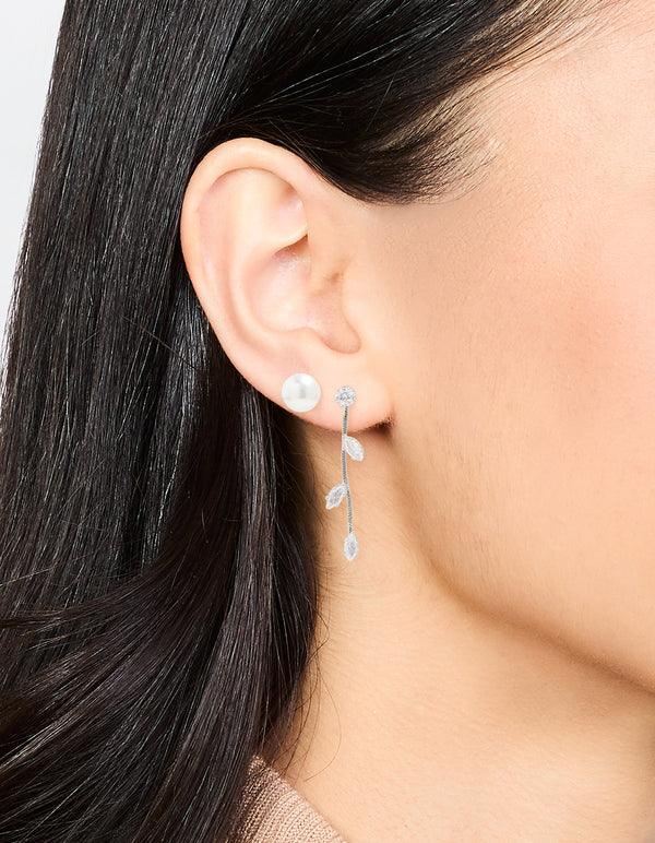 Silver Pearl & Cubic Zirconia Vine Drop Earrings 2-Pack