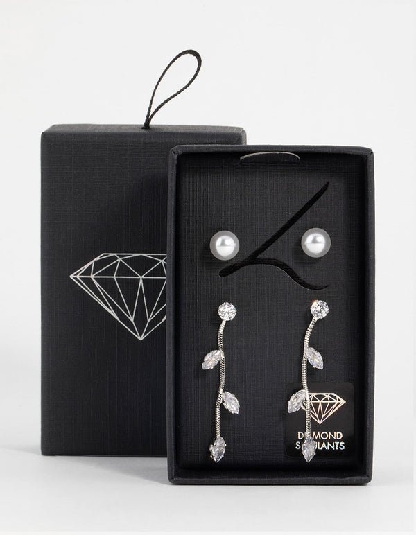 Silver Pearl & Cubic Zirconia Vine Drop Earrings 2-Pack