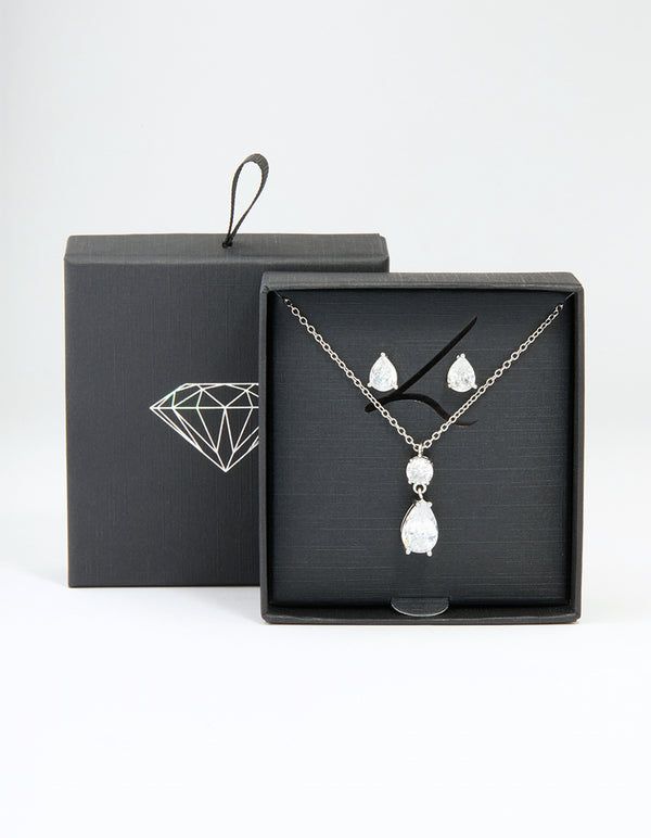 Silver Cubic Zirconia Classic Teardrop Earrings & Necklace Set
