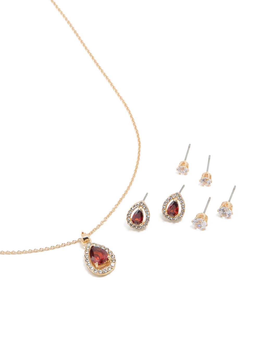 Gold Red Cubic Zirconia Halo Necklace & Earrings Set