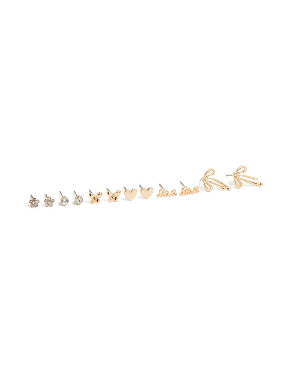 Kids Gold Love Bow & Heart Stud Earrings 6-Pack