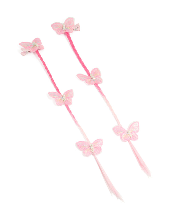 Kids Pink Faux Hair Fabric Butterfly Clips 2-Pack
