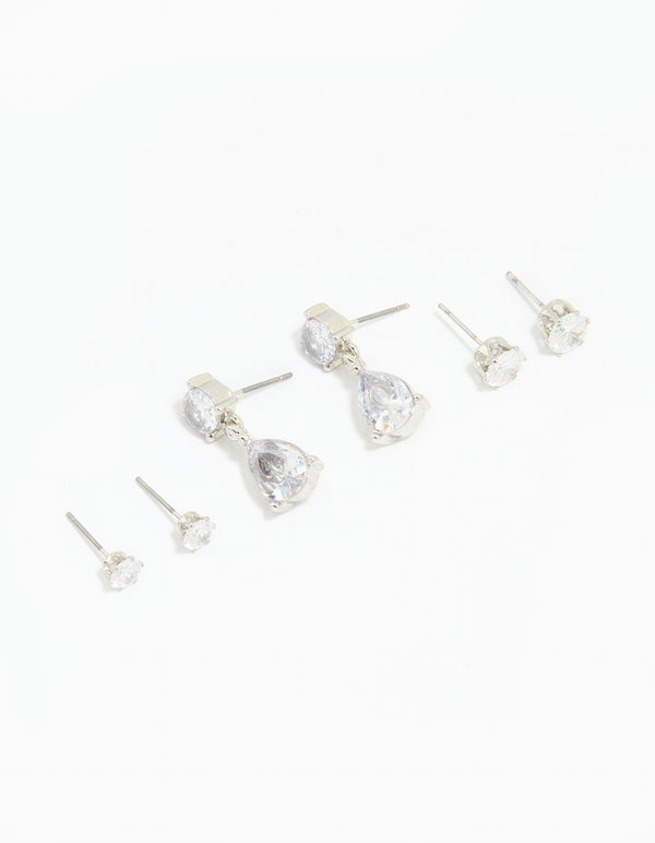 Silver Cubic Zirconia Stud & Drop Earrings 3-Pack