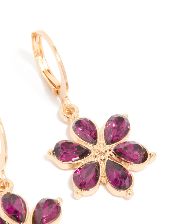 Gold Red Diamante Flower Hoop Earrings