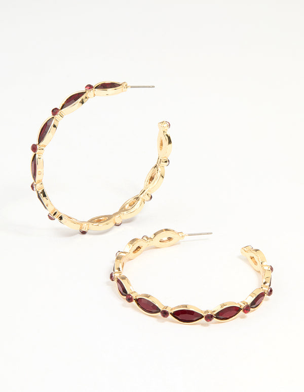 Gold Red Stone Marquise Hoop Earrings