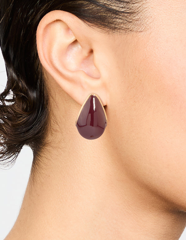 Gold Red Enamel Chunky Teardrop Hoop Earrings