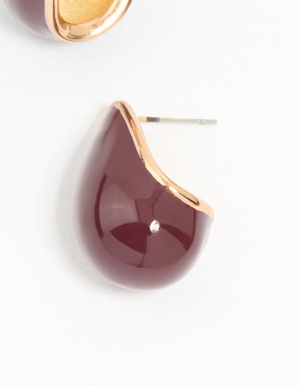 Gold Red Enamel Chunky Teardrop Hoop Earrings