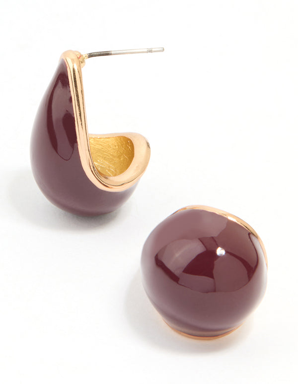 Gold Red Enamel Chunky Teardrop Hoop Earrings