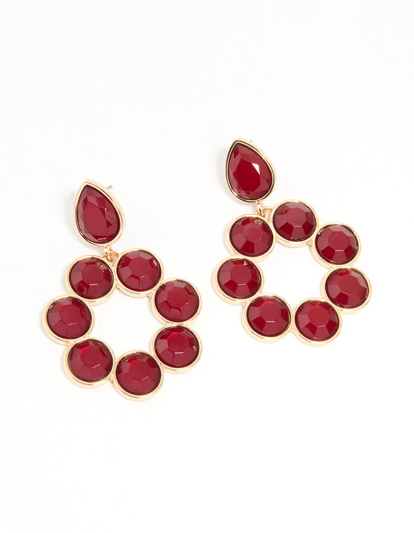 Gold Red Round Stone Drop Earrings