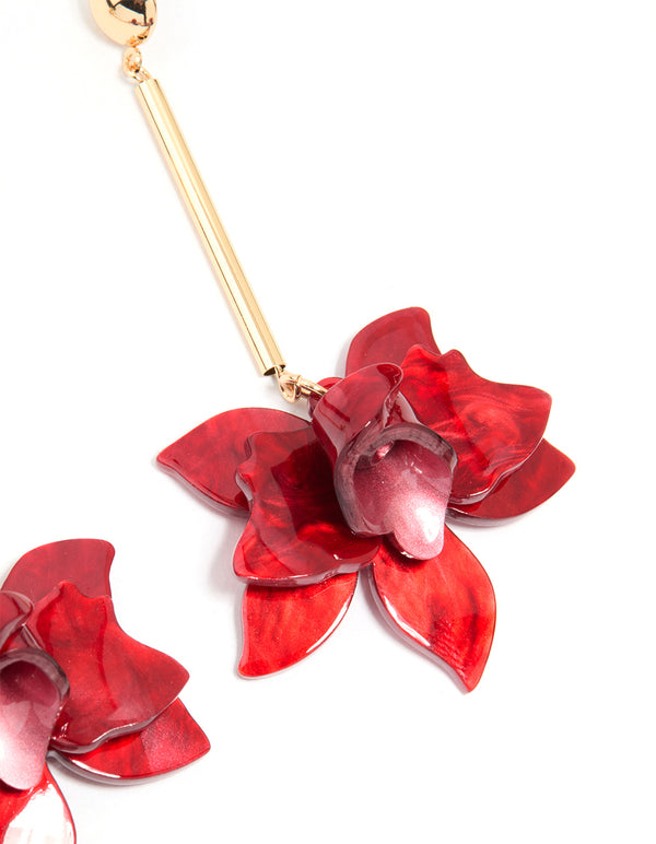 Gold Red Acrylic Orchid & Chain Drop Earrings