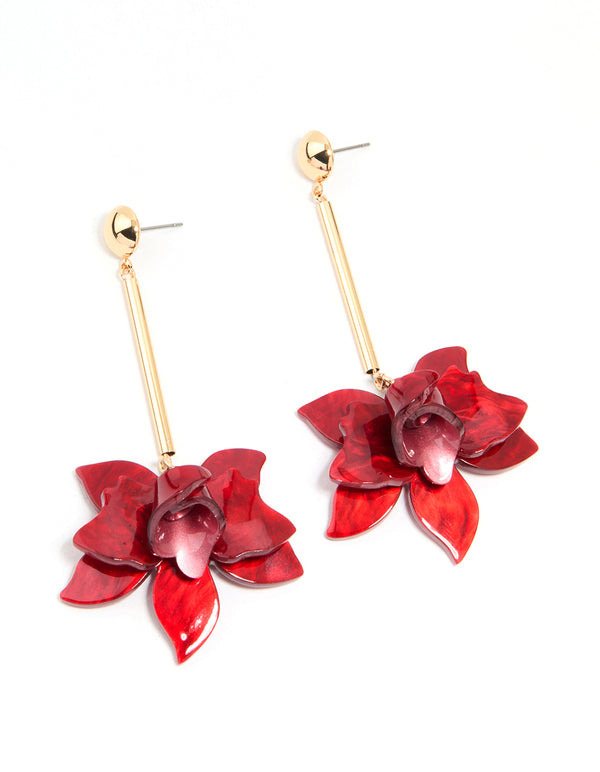 Gold Red Acrylic Orchid & Chain Drop Earrings