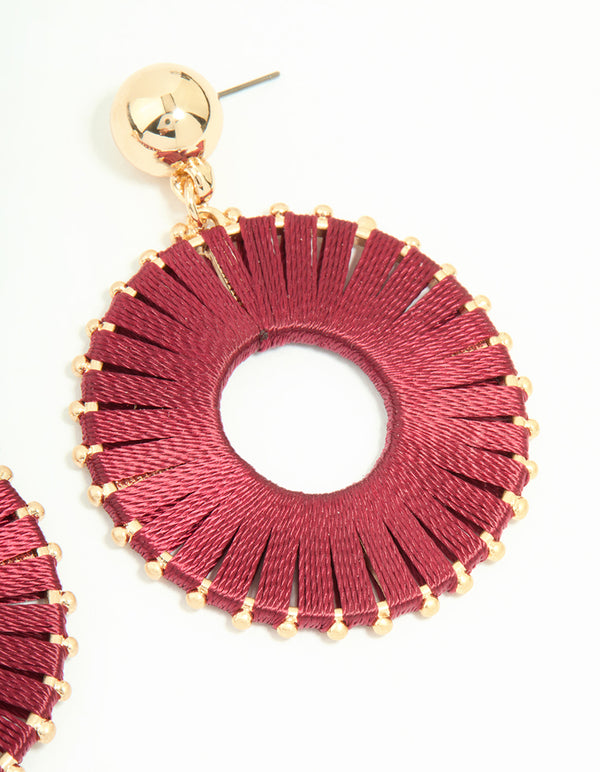 Gold Red Threaded Wheel Drop Earrings