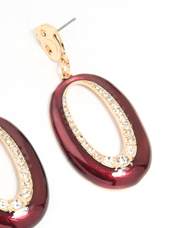 Gold Red Enamel & Diamante Open Drop Earrings