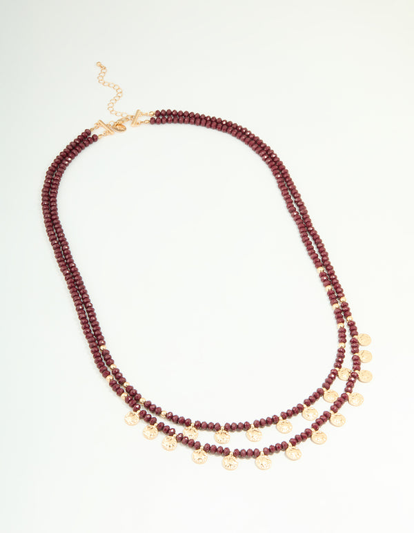 Gold Red Beaded Mini Coin Layered Necklace