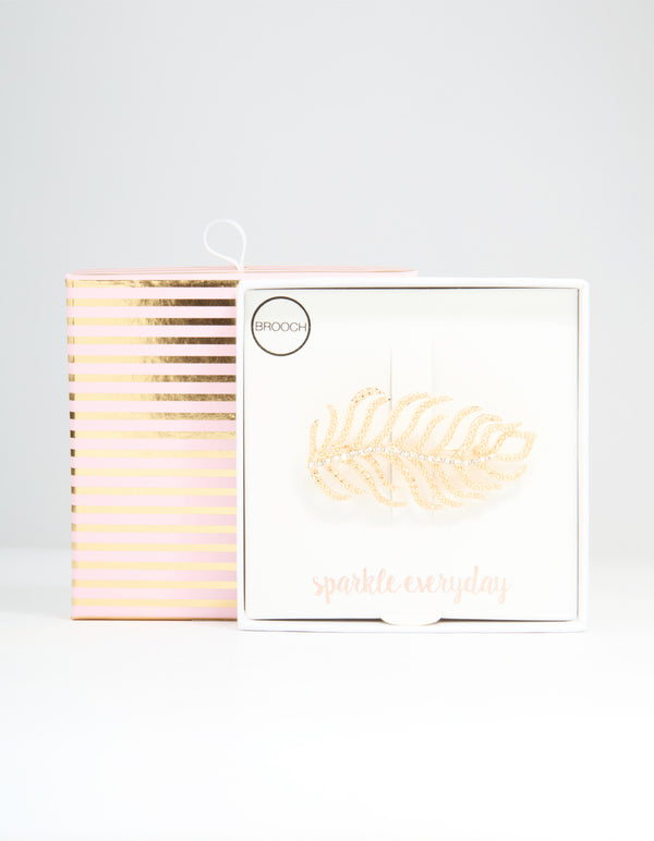 Gold Diamante Feather Brooch