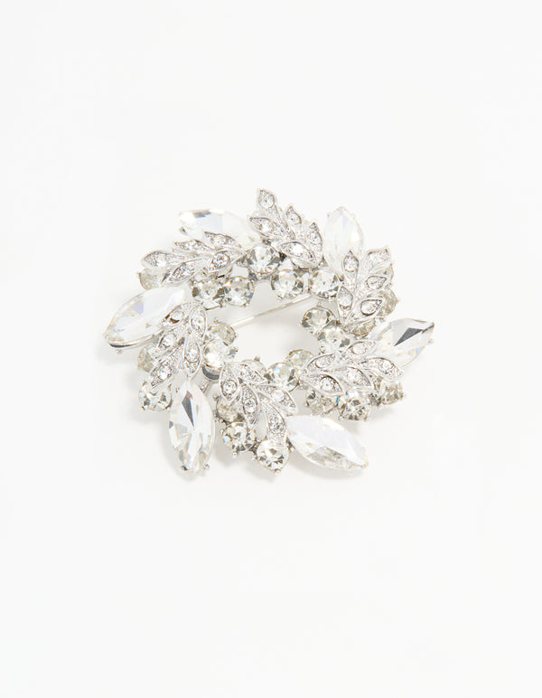 Silver Diamante Leaf Round Brooch