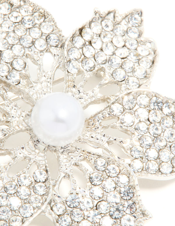 Silver Diamante Pearl Floral Brooch