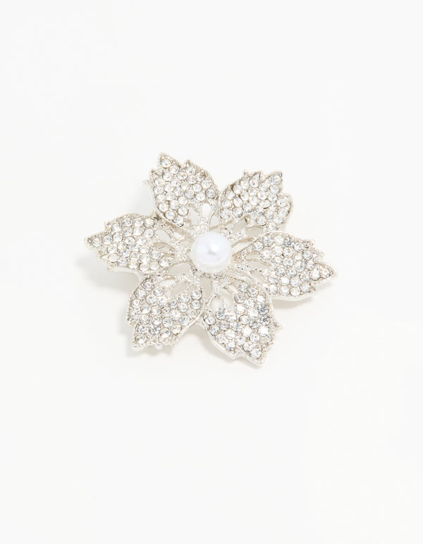 Silver Diamante Pearl Floral Brooch