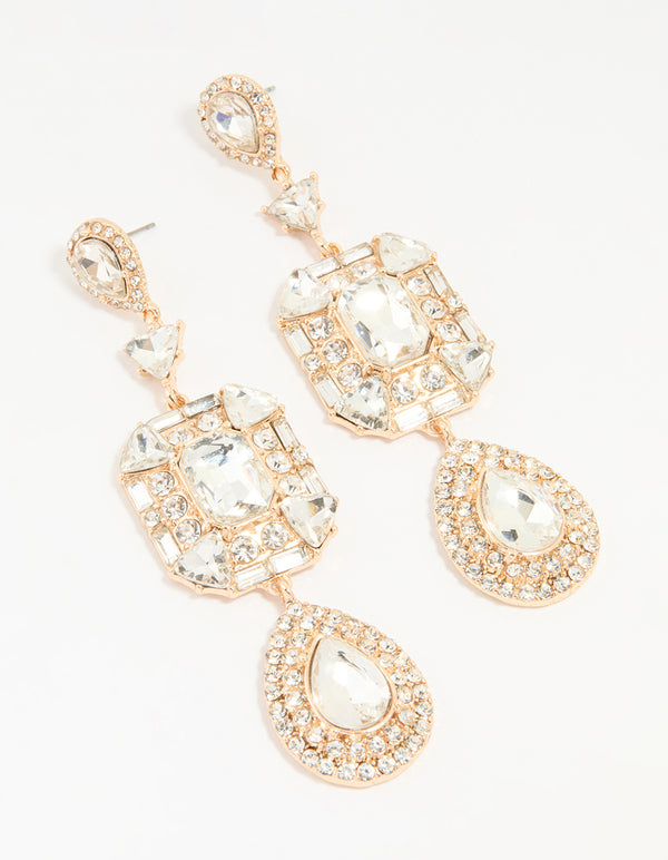 Gold Diamante Long Drop Earrings