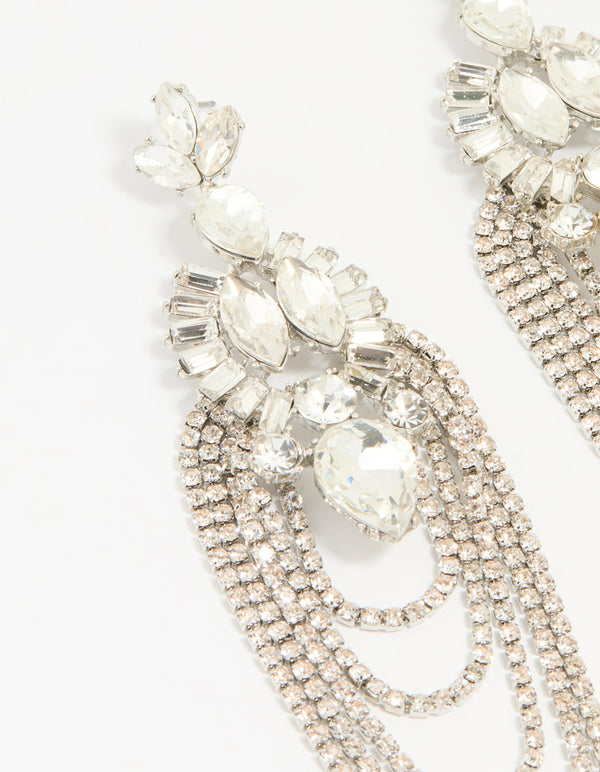 Silver Diamante Layered Chain Drop Earrings