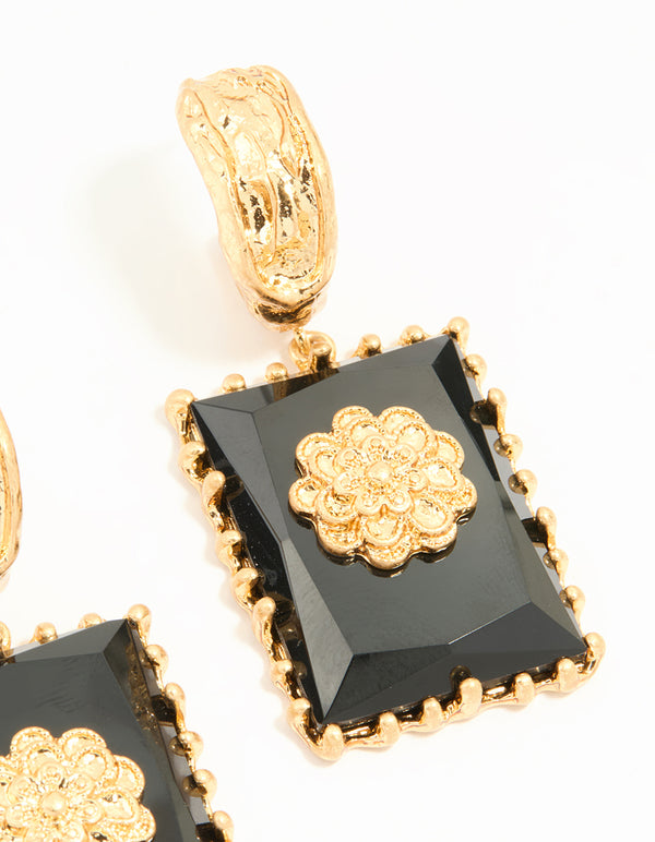 Worn Gold Black Stone Drop Earrings