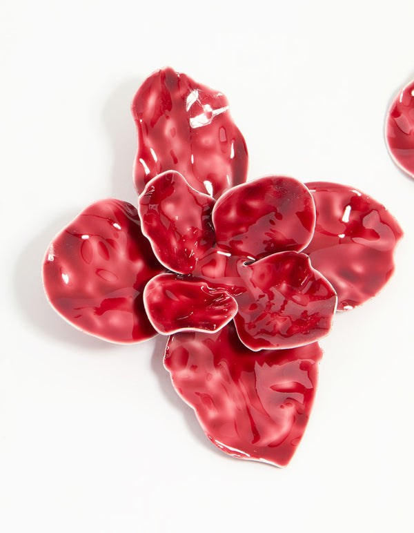 Gold Red Floral Large Stud Earrings