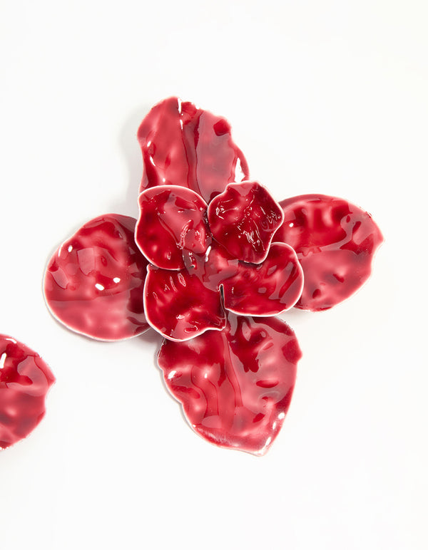 Gold Red Floral Large Stud Earrings