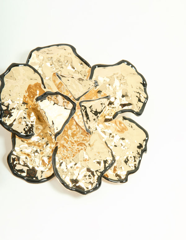 Gold Black Outline Floral Large Stud Earrings