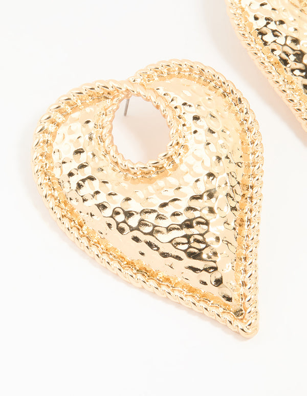 Gold Textured Heart Large Stud Earrings