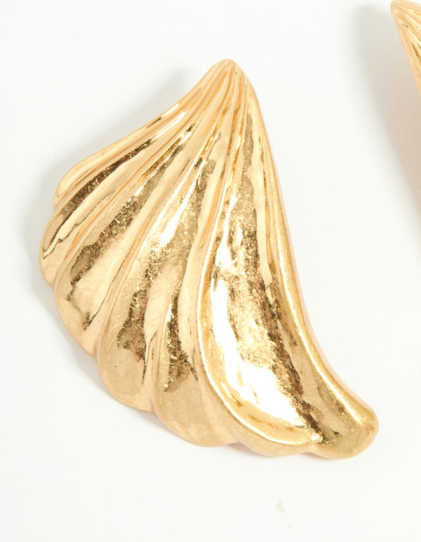 Worn Gold Textured Curved Large Stud Earrings