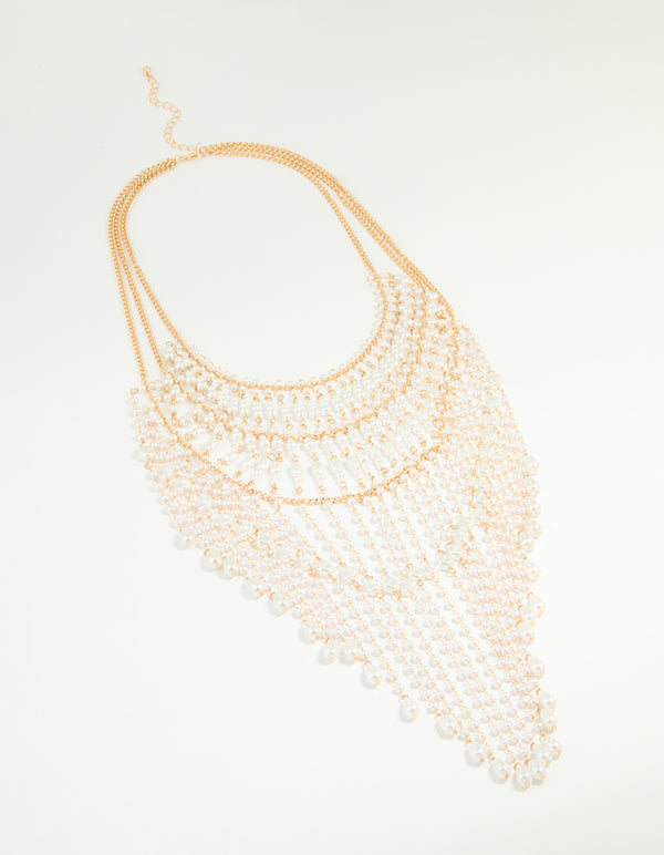 Gold Pearl Diamante Drop Statement Necklace