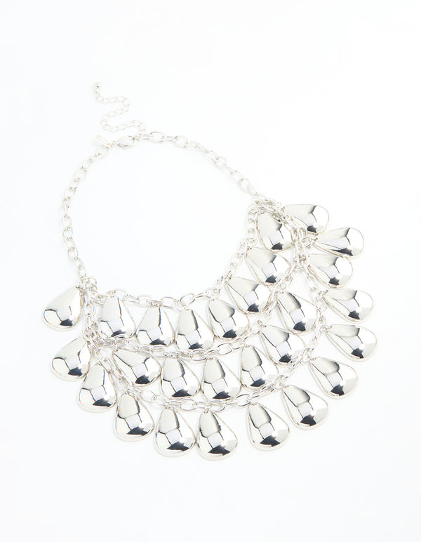 Silver Molten Teardrop Charm Layered Necklace