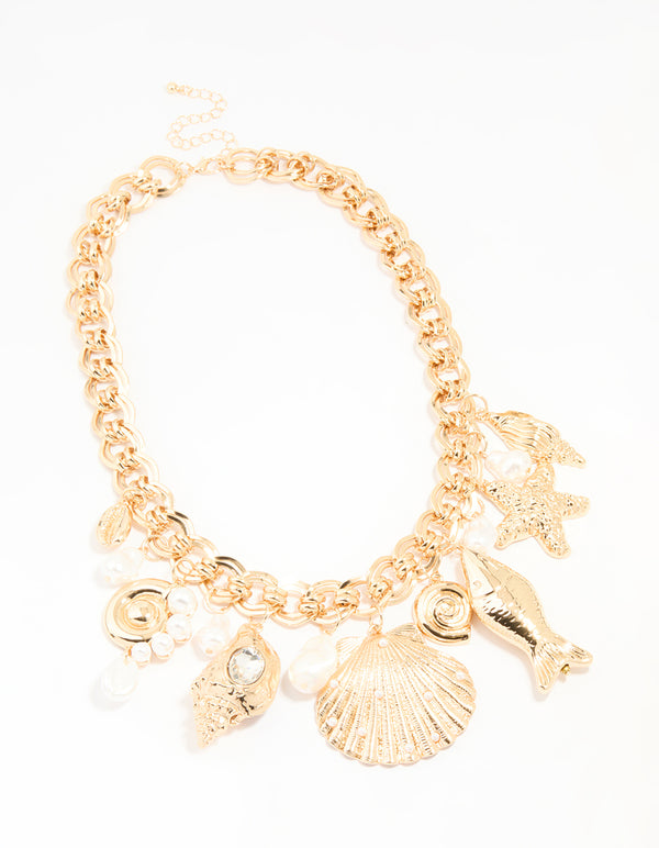 Gold Pearl & Shell Charm Necklace