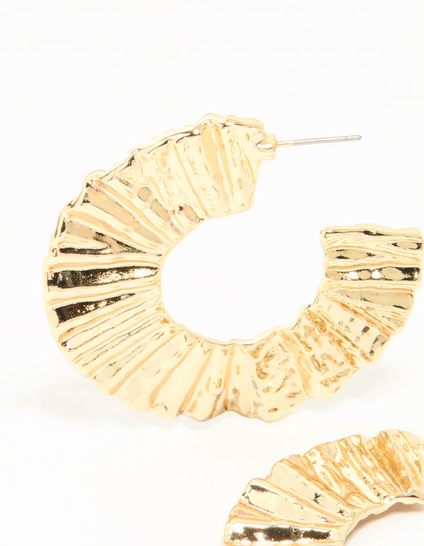Gold Flat Crinkle Hoop Earrings