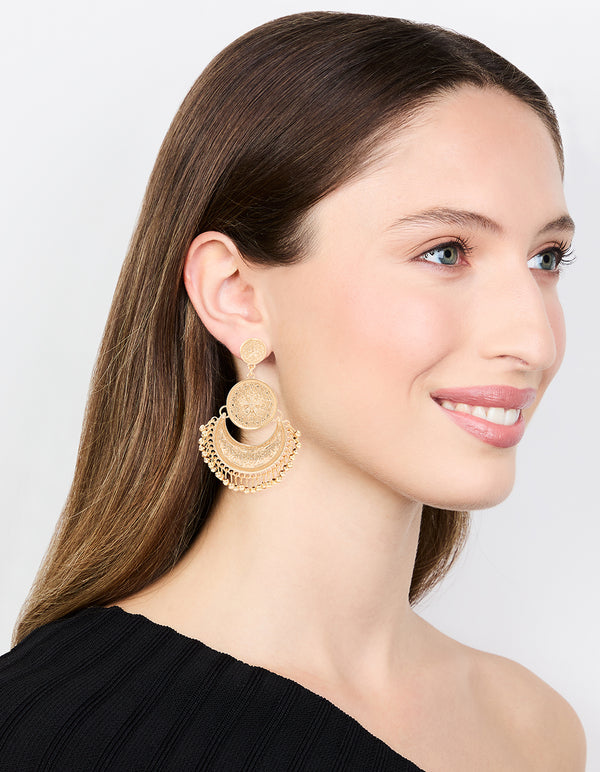 Gold Boho Etched Flower Drop Earrings